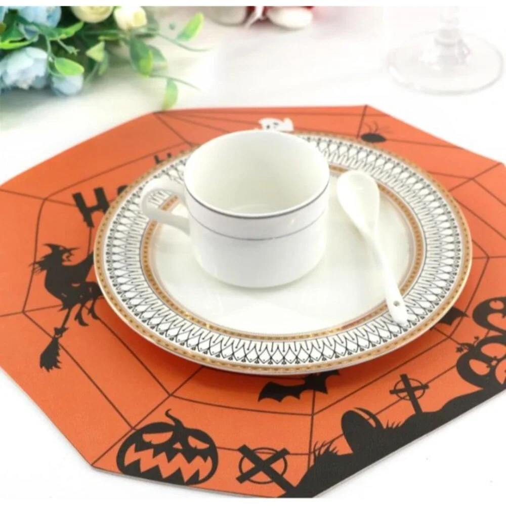 Halloween Placemats Set of 4 Ghost Bat Orange Round Faux Leather 14 Inch Non Sli